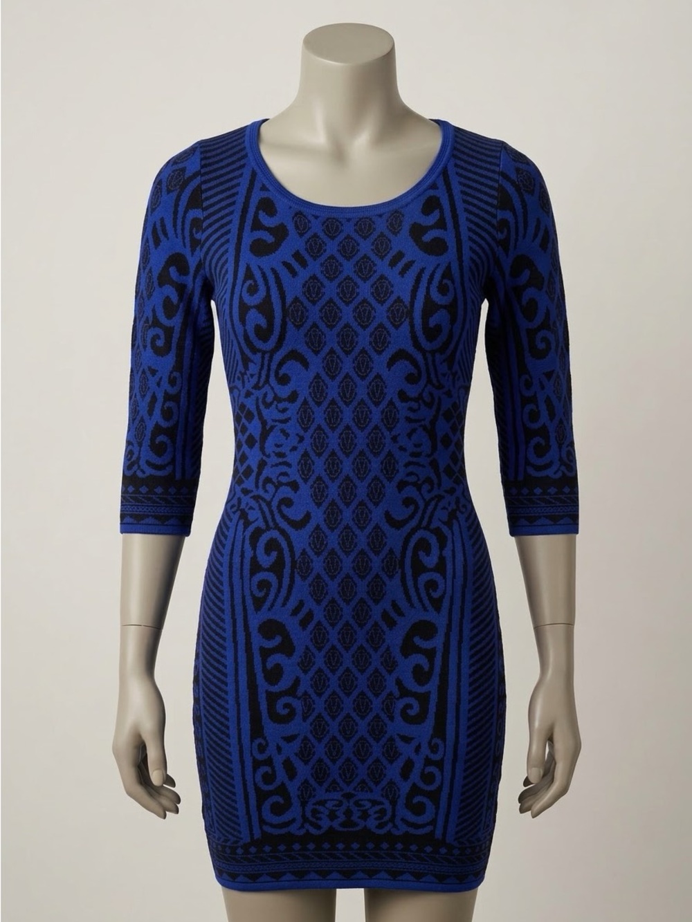 VERTIGO Navy Royal Blue Geometric Jacquard Bodycon Knit Dress XS NWT